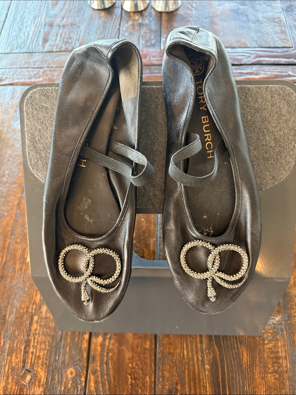 Tory Burch Black Leather Ballet Flats with Crystal Knot Accent